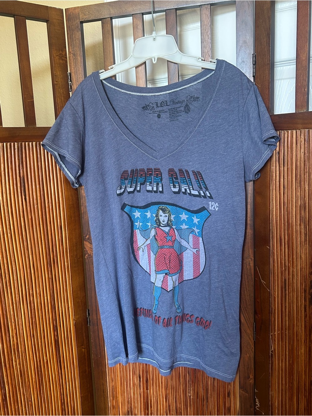 Vintage Graphic V-Neck Tee - Red/White/blue SUPER GAL! Worn by Mila Kunis.